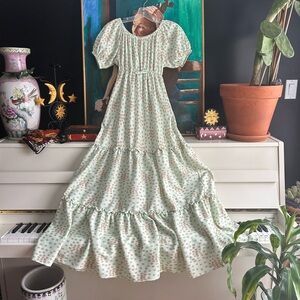 Vintage 70s Georgie Girl Cottagecore Floral Maxi Dress with Puff Sleeves L